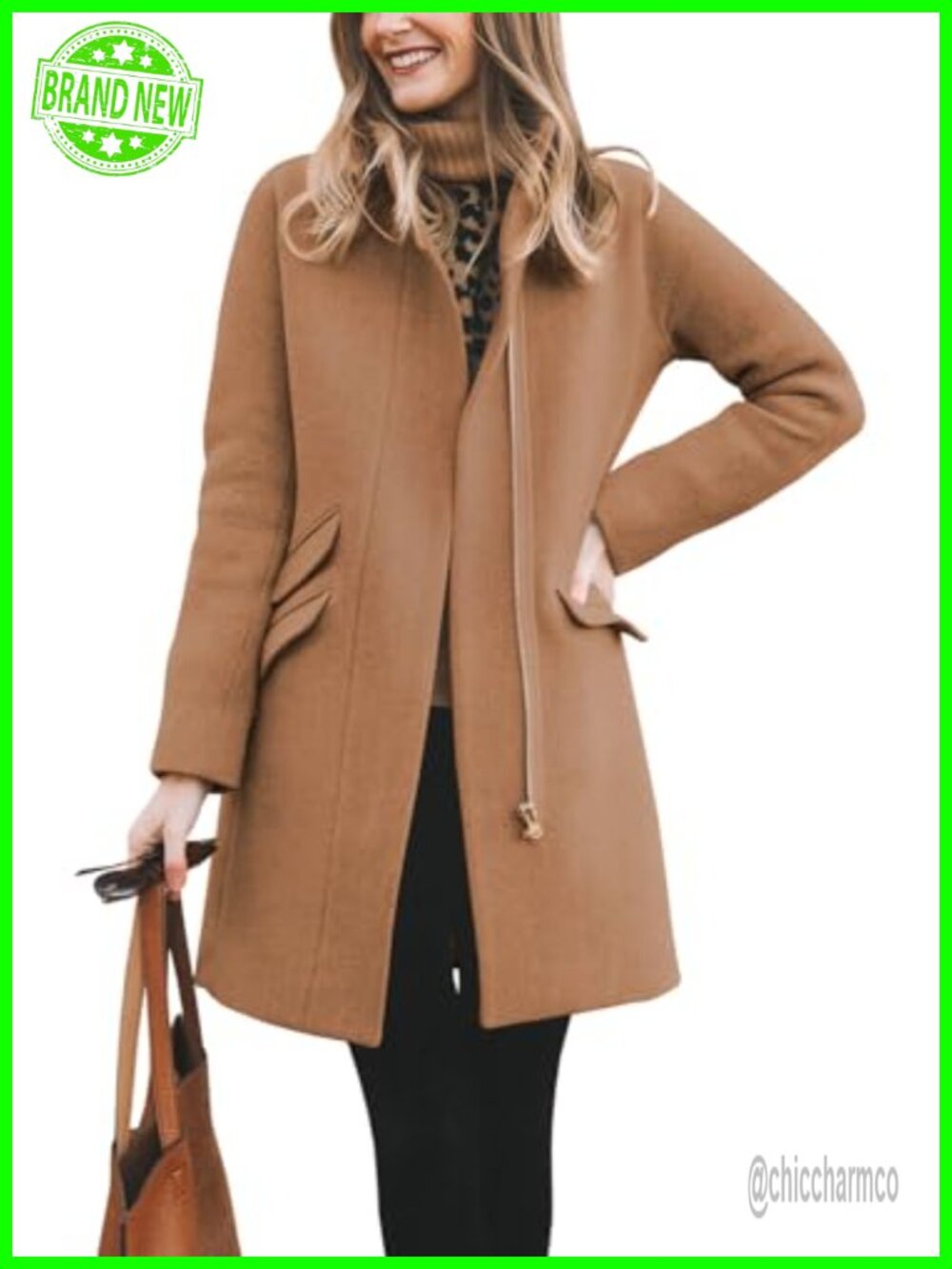 Womens Long Wool Blend Pea Coat Zip Up Funnel Neck Winter Coat